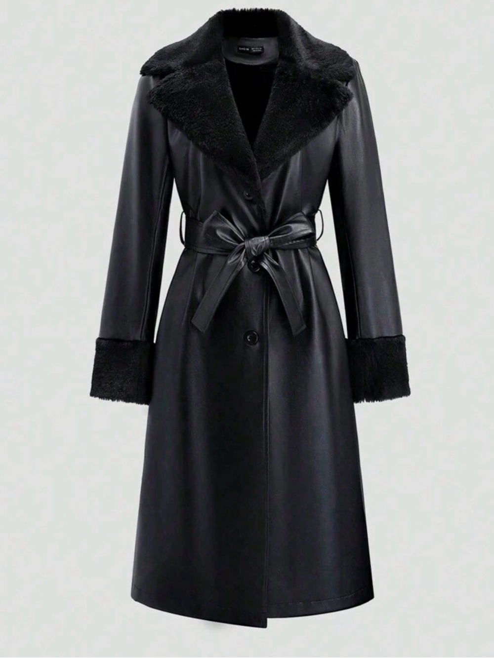 Black Faux-Leather Trench Coat with Shearling Collar - Women